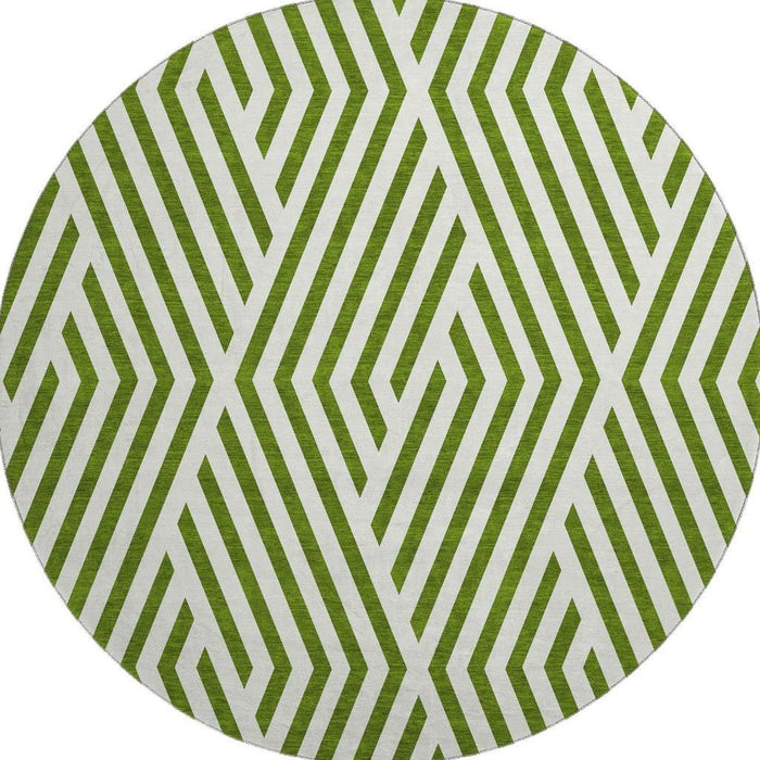 8' Geometric Washable Round Rug With UV Protection (648571) - Olive Green / Ivory