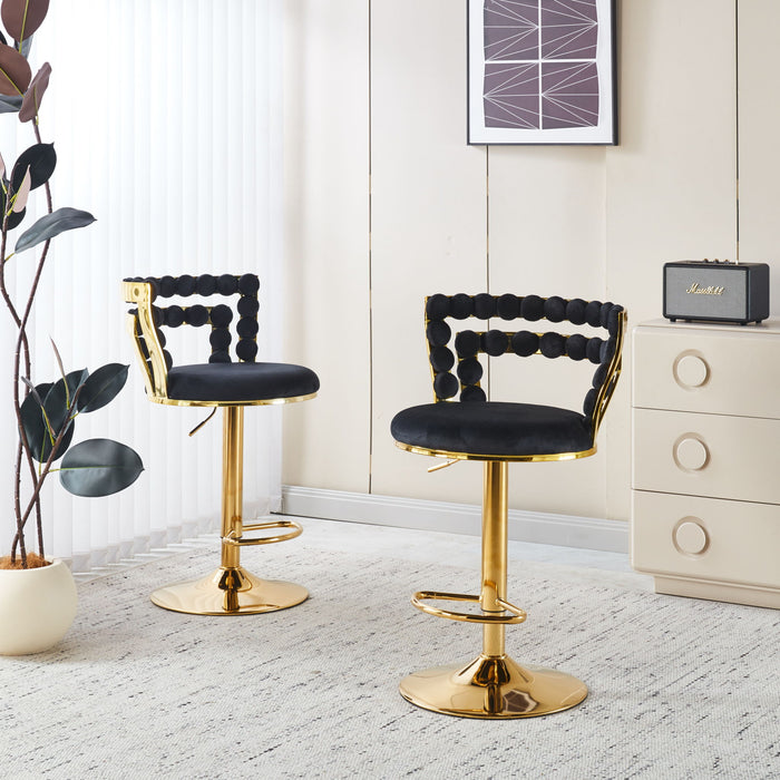 Set of two Giga modern bar stools with iron tube legs, soft cushions, and comfortable backrests for stylish seating.