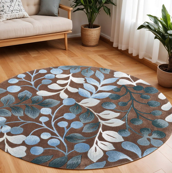 8' Boical Leaves Round Rug - Brown