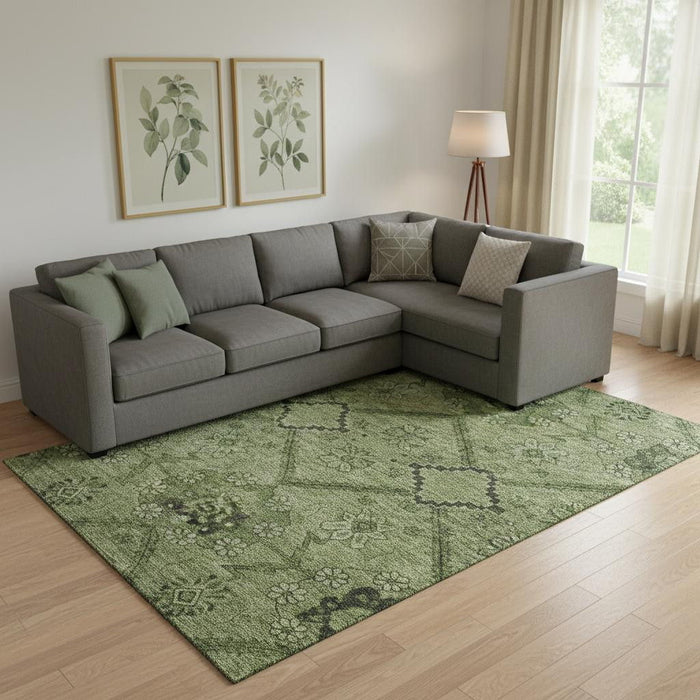 10' X 14' Floral Washable Area Rug With UV Protection (667252) - Olive Green / Gray