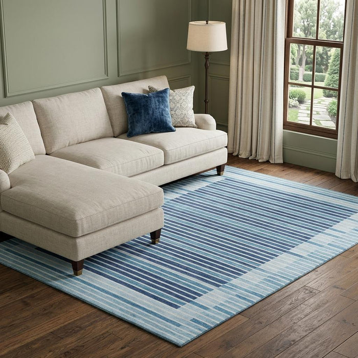 10' X 14' Striped Washable Area Rug With UV Protection (693504) - Sky Blue / Ivory / Navy Blue