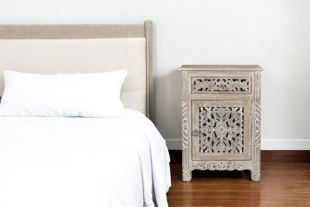 One Drawer One Door Floral Carved Nightstand - Gray
