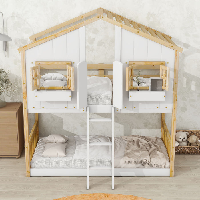 Giga house bunk bed with roof, window, window box, door, safety guardrails, and ladder for children’s bedroom.