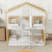 Giga house bunk bed with roof, window, window box, door, safety guardrails, and ladder for children’s bedroom.