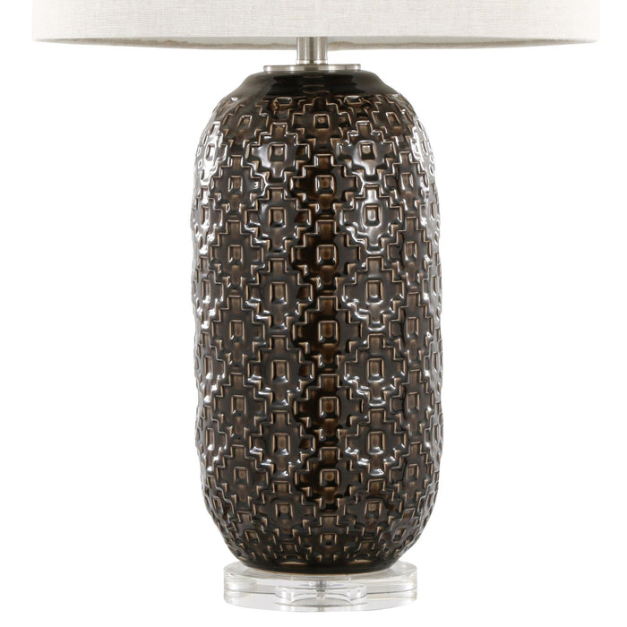Onyx - 30" Table Lamp - Dark Gray Crackle Ceramic, Brushed Nickel And Clear Crystal With Gray Linen Shade