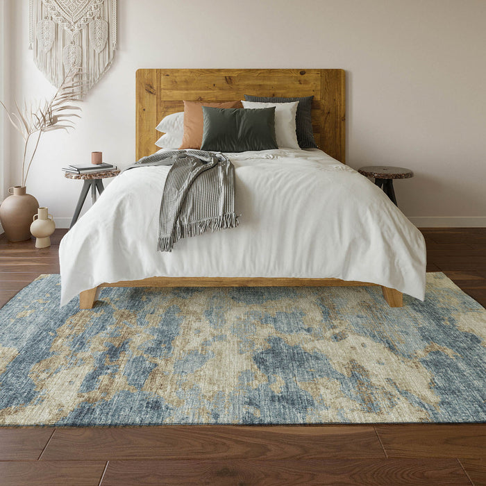 9' X 12' Abstract Washable Area Rug With UV Protection - Blue And Gold