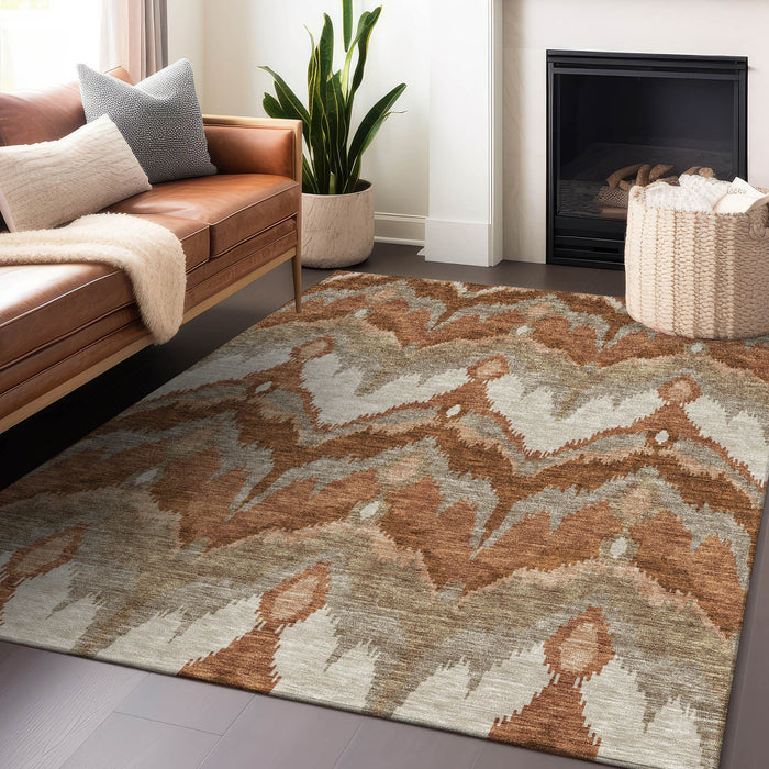 8' X 10' Ikat Washable Area Rug With UV Protection - Rust And Beige