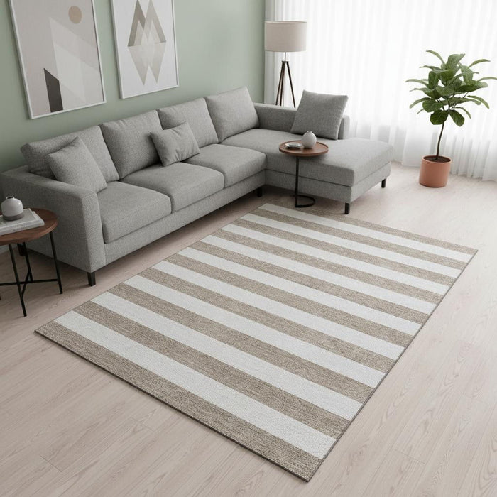 9' X 12' Striped Washable Area Rug With UV Protection (647667) - Taupe / Ivory