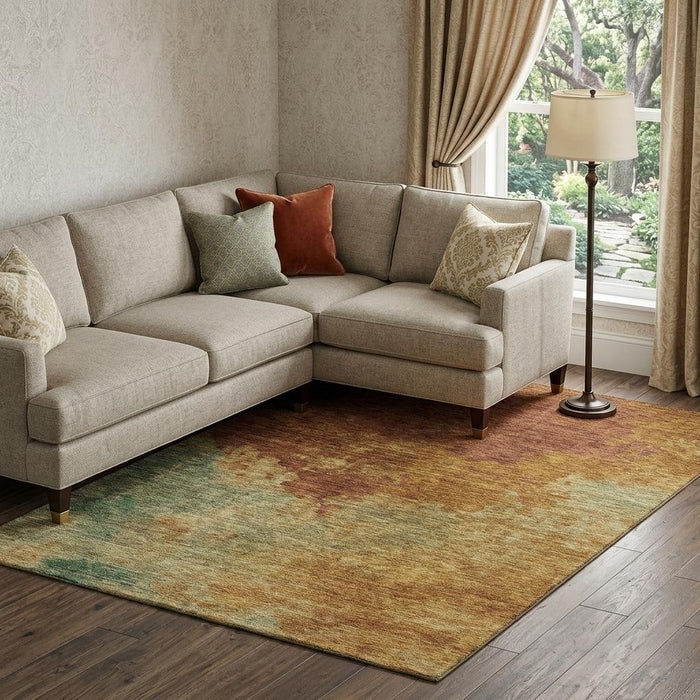 10' X 14' Abstract Washable Area Rug With UV Protection (686162) - Rust / Gold / Teal