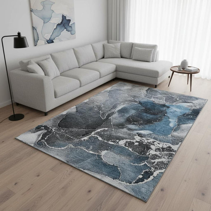 8' X 10' Abstract Washable Area Rug With UV Protection (646660) - Blue / Charcoal