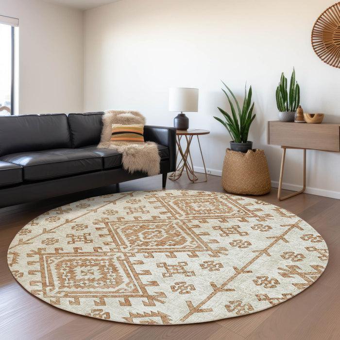 8' Geometric Washable Round Rug With UV Protection - Burnt Sienna And Beige