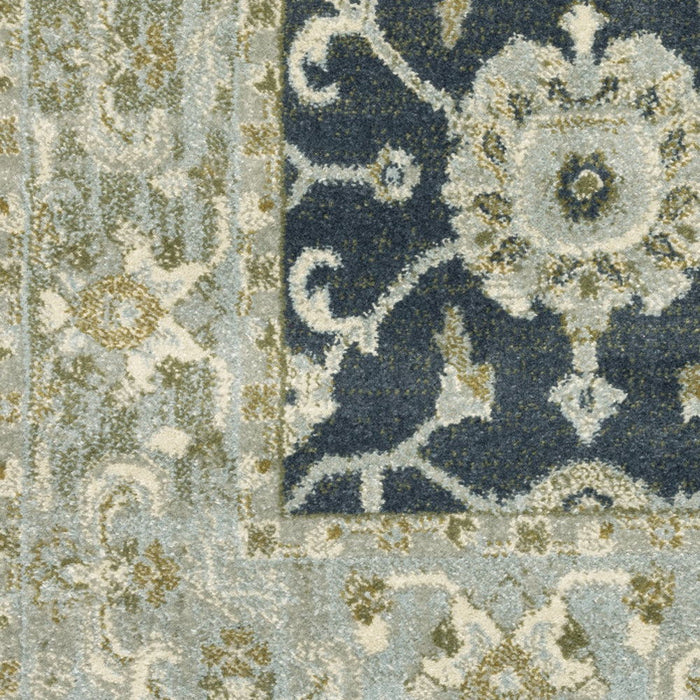8' x 10' Oriental Power Loom Stain Resistant Area Rug - Teal Blue Ivory Green And Gray