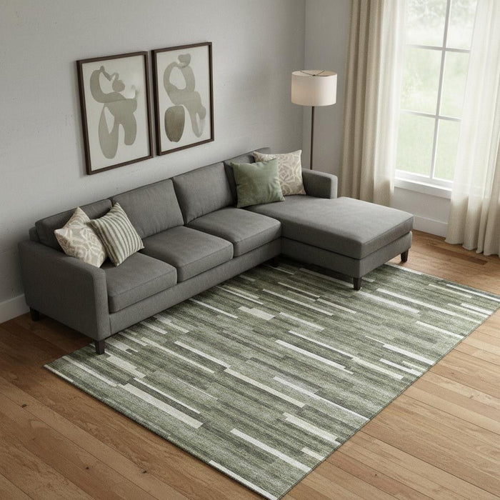 10' X 14' Striped Washable Area Rug With UV Protection (671078) - Olive Green / Ivory / Gray