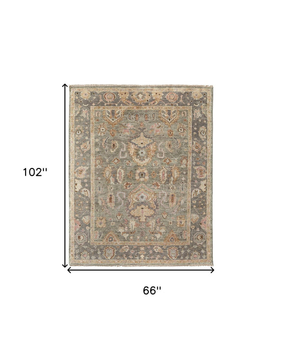 6' x 9' Wool Oriental Hand Knotted Rectangle Area Rug With Fringe - Gray And Gold
