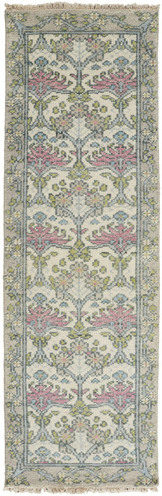 8' Wool Floral Hand Knotted Runner Rug - Ivory Gray And Pink