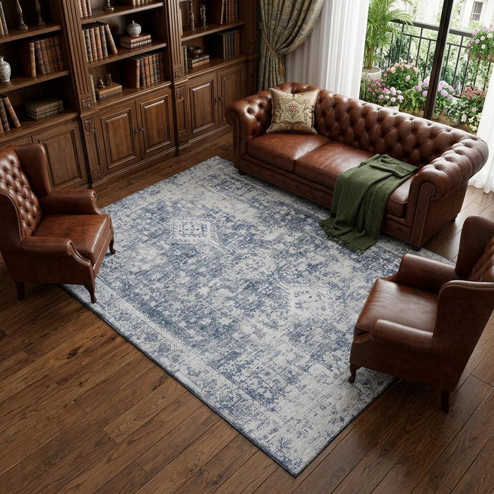 10' X 14' Oriental Washable Area Rug With UV Protection (692004) - Navy Blue / Silver