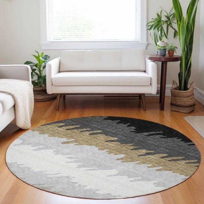 8' Transitional Striped Washable Round Rug With UV Protection - Black