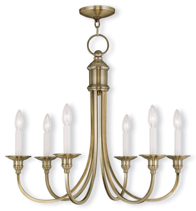 Six-light metal chandelier with shades in antiqued brass finish, dimmable HomeRoots chandelier hanging fixture.