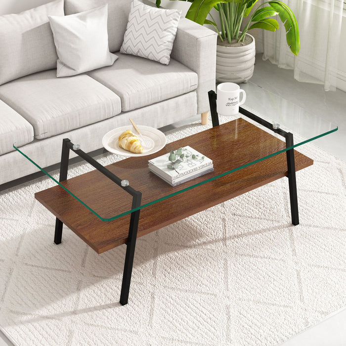Giga rectangle coffee table with tempered glass tabletop and metal legs, modern design for living room decor.