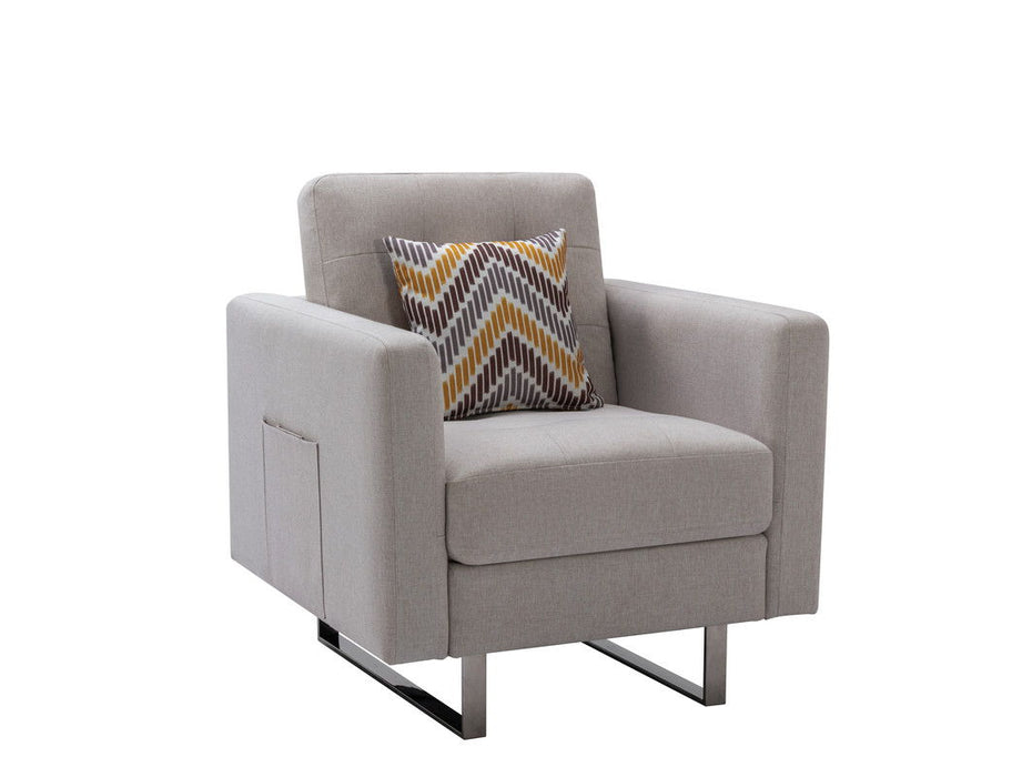 Giga Victoria fabric armchair with metal legs, side pockets, and a pillow, featuring a modern, comfortable seating design.