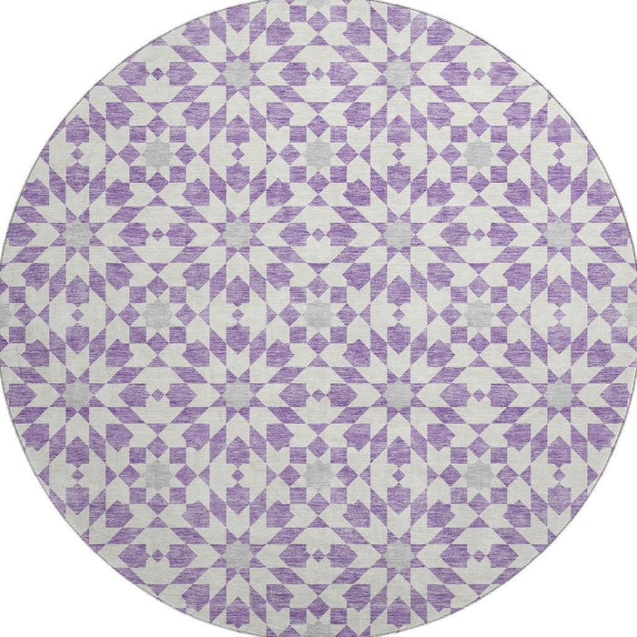 8' Geometric Washable Round Rug With UV Protection - Lavender And Ivory