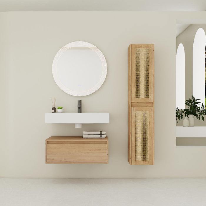 Modern Giga wall-mounted bathroom vanity with resin sink, oak finish, two side cabinets, and soft-close drawers.
