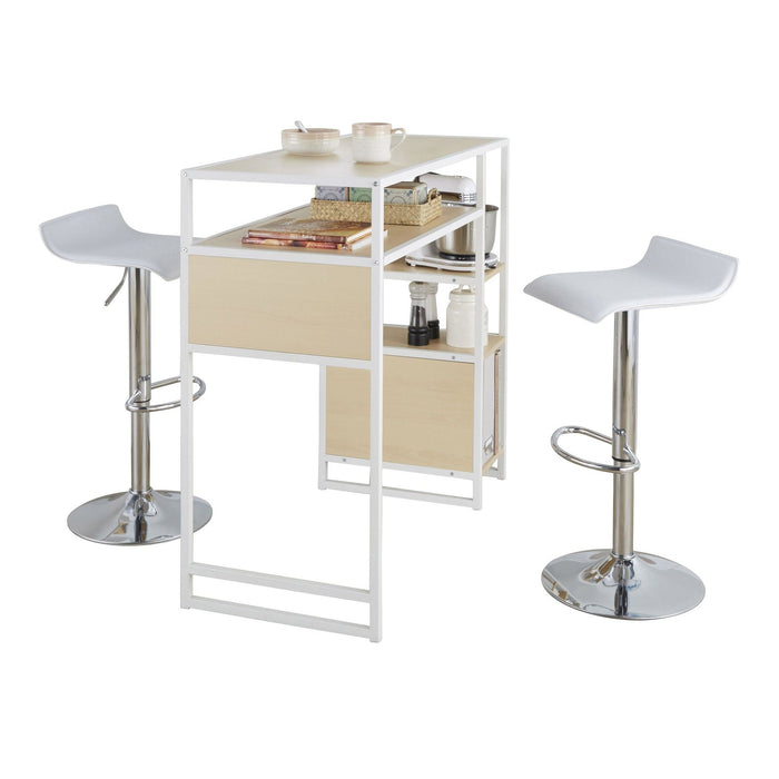 Display - Ale 3 Piece Bar Set with Storage - White Metal, Natural Wood, White PVC, Chrome Metal