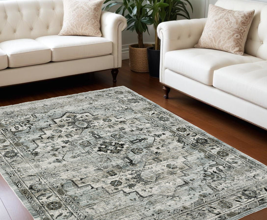 6' x 9' Oriental Power Loom Stain Resistant Area Rug - Ivory Gray Charcoal Blue And Taupe