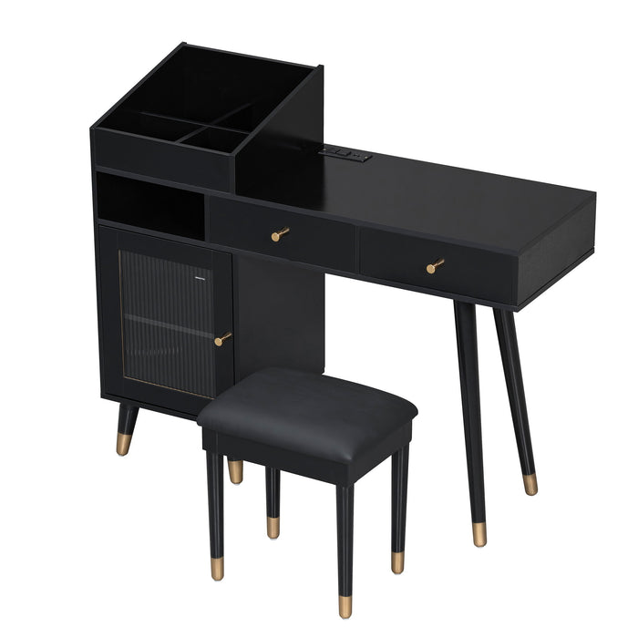 Black Giga modern makeup vanity desk with drawers, cabinet, charging port, engineered wood, space-saving design for small spaces.