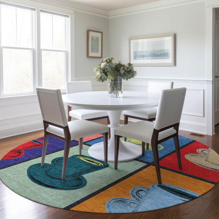 8' Cottage Geometric Washable Round Rug With UV Protection - Blue