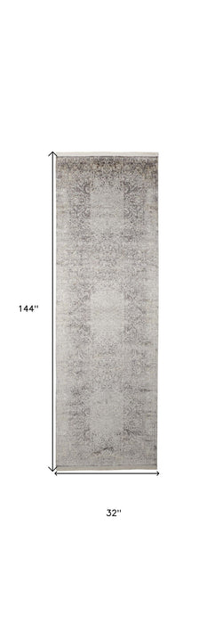 12' Oriental Power Loom Worn Faded Runner Rug - Gray And Ivory