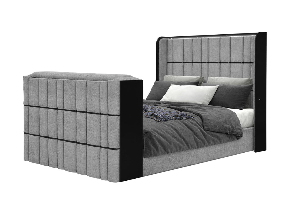 Isabella - Queen Upholstered Bed With LED, TV Lift, Bluetooth Speaker And Firpeplace Crystal - Gray