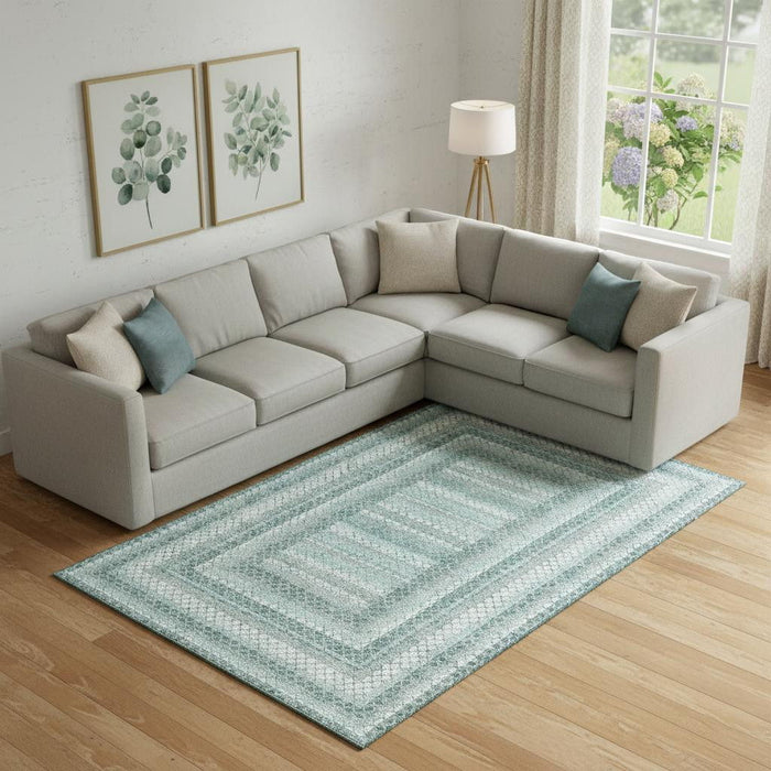 10' X 14' Geometric Washable Area Rug With UV Protection (710891) - Teal / Ivory / Gray