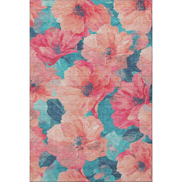10' X 14' Floral Washable Area Rug With UV Protection (694346) - Salmon / Teal
