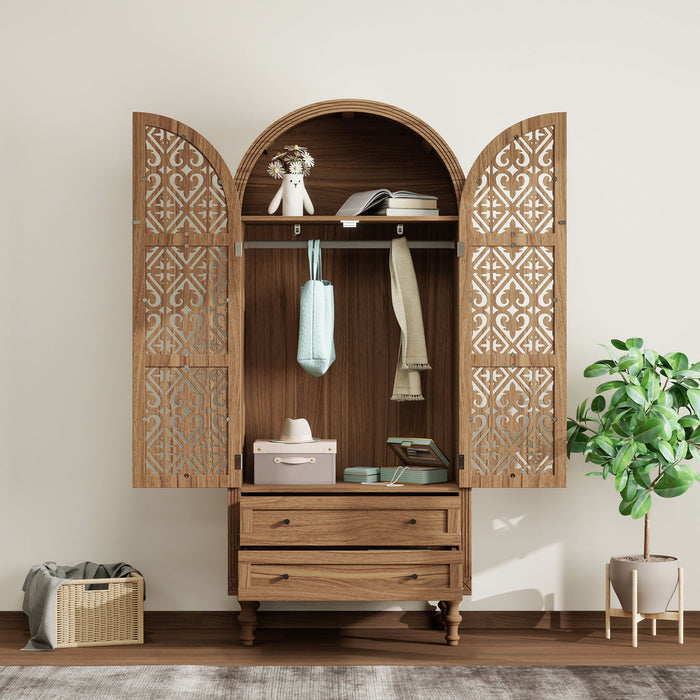 Giga tall walnut kitchen pantry cabinet with hollow carved doors, two drawers, and adjustable shelves for kitchen or dining room storage