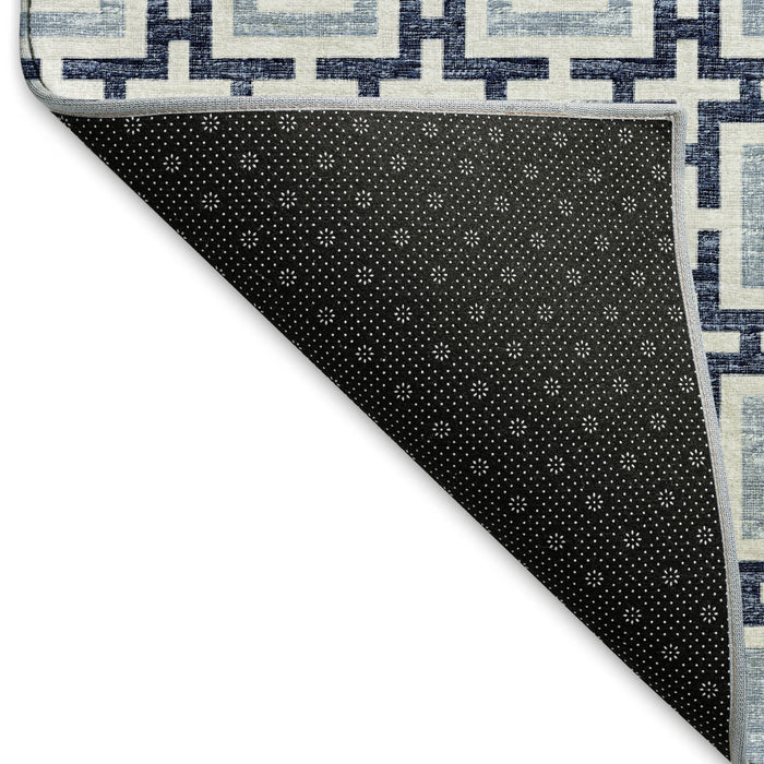 8' X 10' Geometric Washable Area Rug With UV Protection (645269) - Navy Blue / Ivory