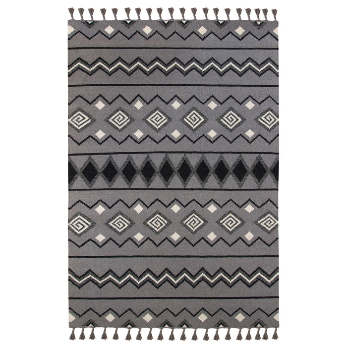 8' X 10' Wool Tribal Flatweave Handmade Area Rug With Fringe - Gray