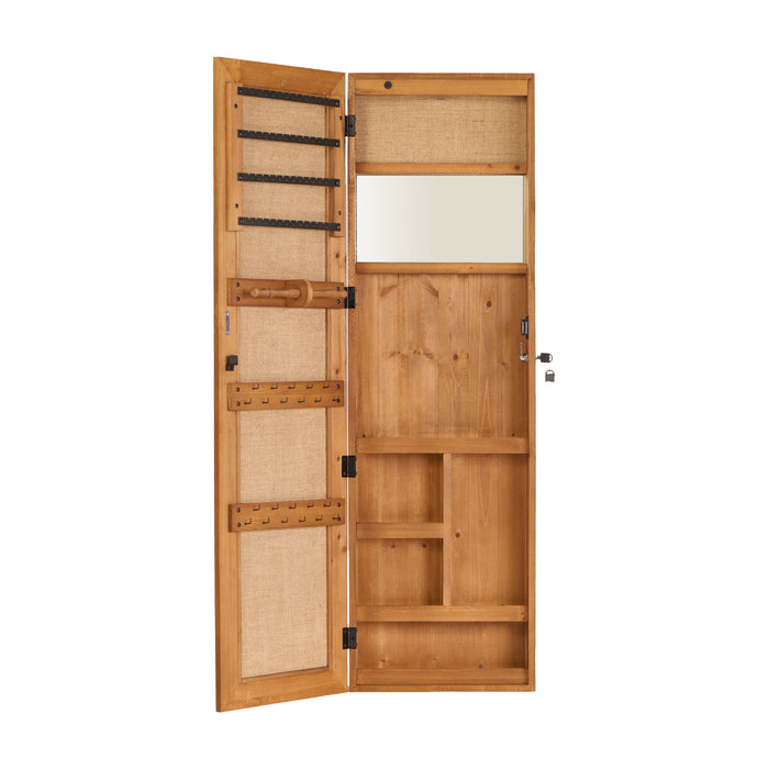 Giga jewelry armoire organizer with full-length mirror, wall-mounted lockable cabinet, LED light, and multiple storage compartments.