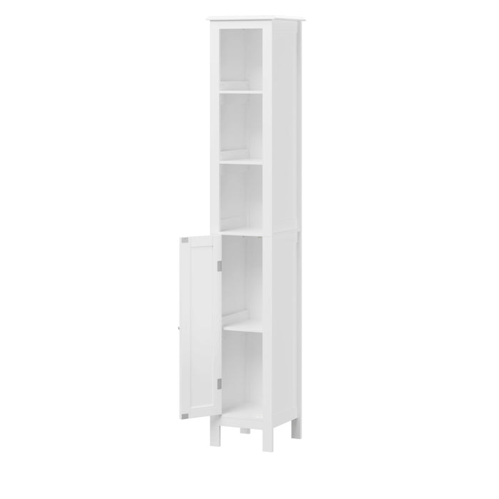 Giga white slim tall bathroom linen cabinet with adjustable shelves and anti-tip design, freestanding storage for bathroom organization.