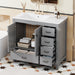 Giga bathroom vanity with ceramic sink, storage cabinet, two soft-close doors, and five drawers for organized bathroom use.