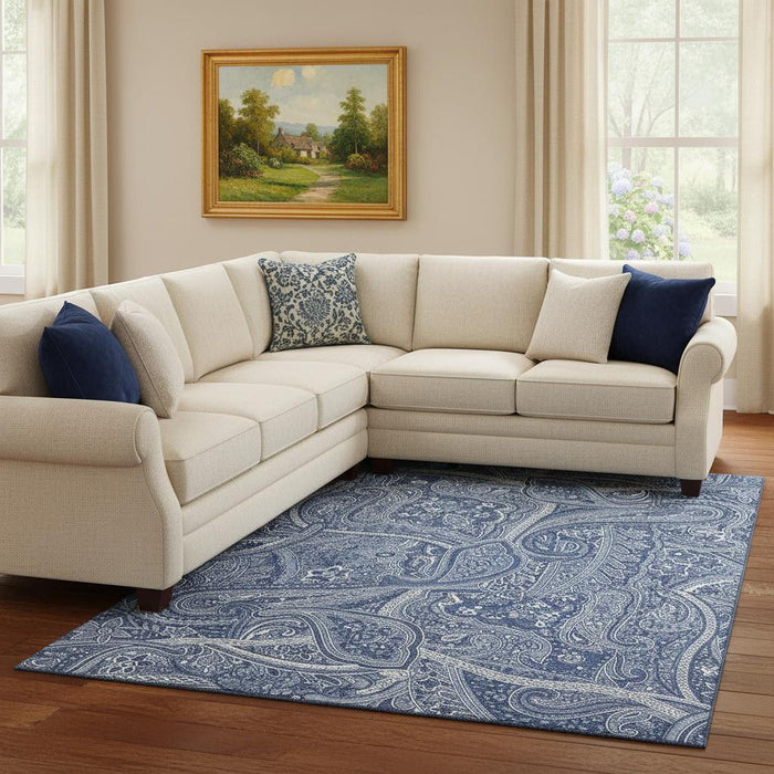 10' X 14' Paisley Washable Area Rug With UV Protection (652659) - Navy Blue / Ivory