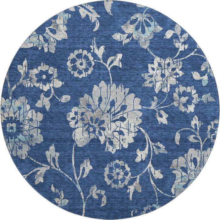 8' Floral Washable Round Rug With UV Protection (667924) - Navy Blue / Silver