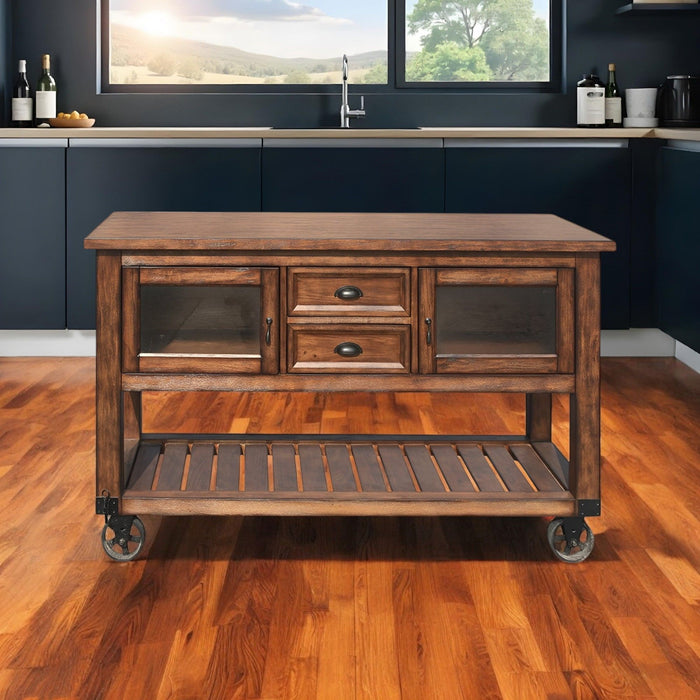 58" Rustic Rolling Kitchen Cart With Storage - Dark Brown