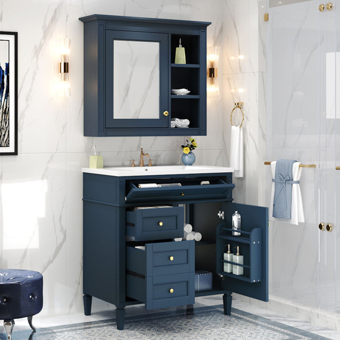 Giga bathroom vanity with medicine cabinet, modern storage with 2 soft-closing doors and 4 drawers, in a sleek design.