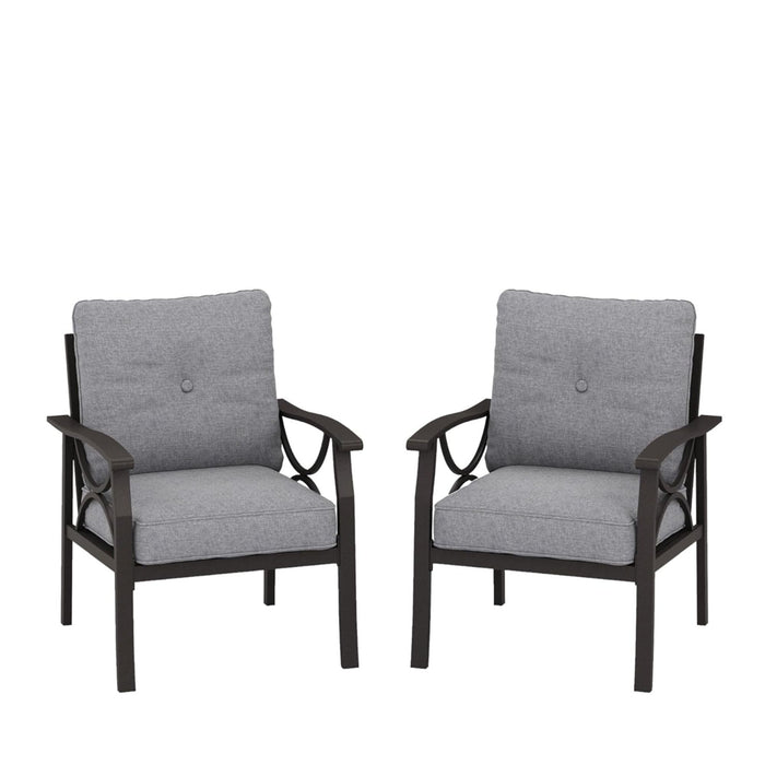 Set of two Giga all-weather armchairs with sculptural design and cushions in gray and khaki, suitable for outdoor use.