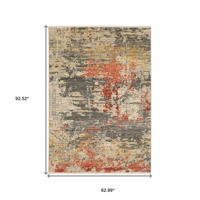 5' X 8' Abstract Area Rug With Fringe - Beige And Pink