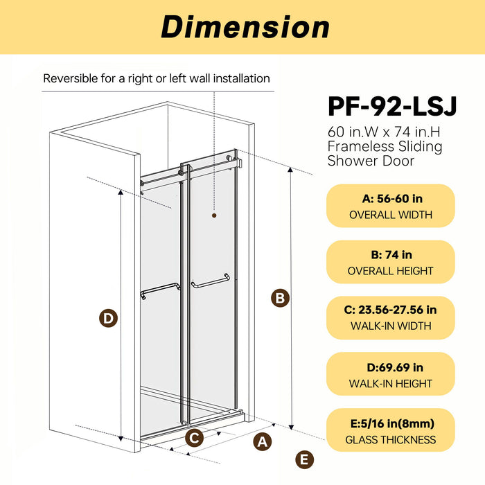 Giga frameless double sliding shower door with tempered glass, brushed gold finish, square tube track, and explosion-proof film.