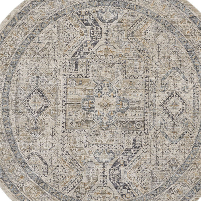 8' Medallion Distressed Round Rug With Fringe (546587) - Ivory / Gray