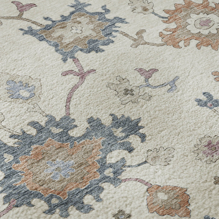 10' X 14' Floral Washable Area Rug With UV Protection (688492) - Ivory / Blue / Coral