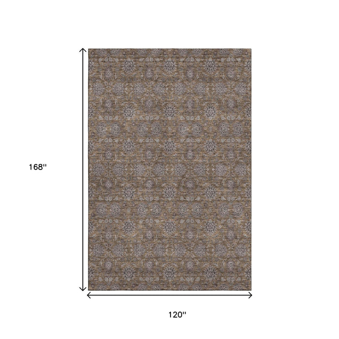 10' X 14' Floral Washable Area Rug With UV Protection (656813) - Chocolate / Gray / Charcoal